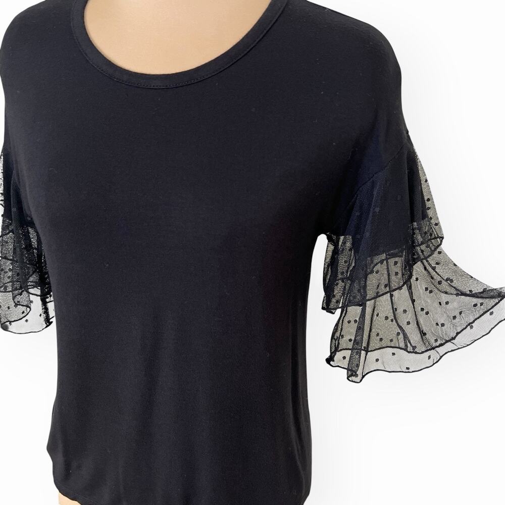 Kim & Cami Black Knit Top Size Small Dotted Tulle Lace Ruffle Sleeve Whimsigoth